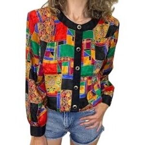 NOTCHES Woman Patchwork Print Jewel Button Front Blouse Jacket 22W Abstract Art